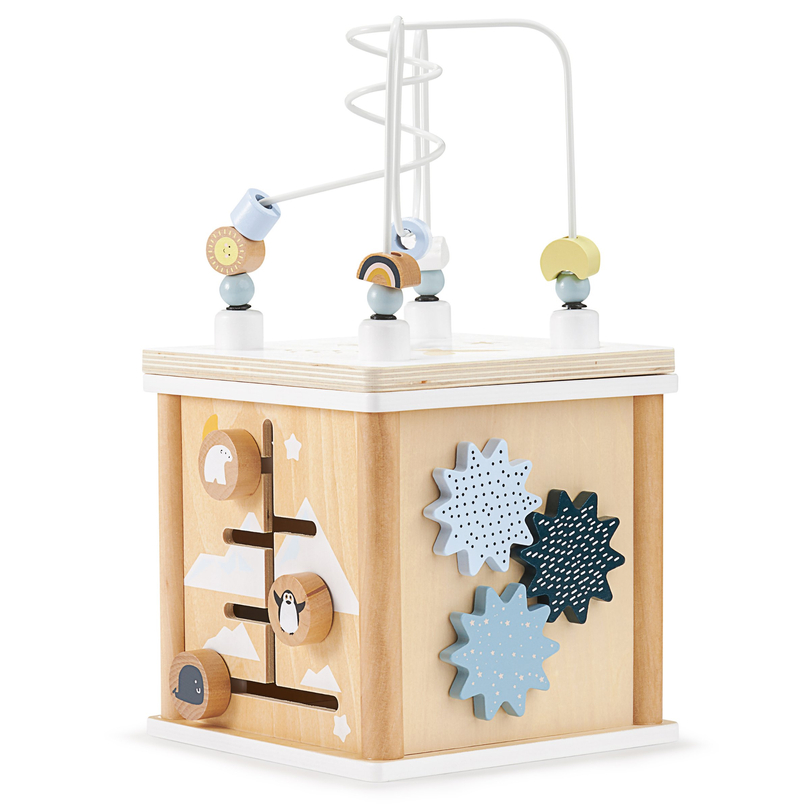 Cubo educativo de madera con formas entrelazadas - clasificador de formas