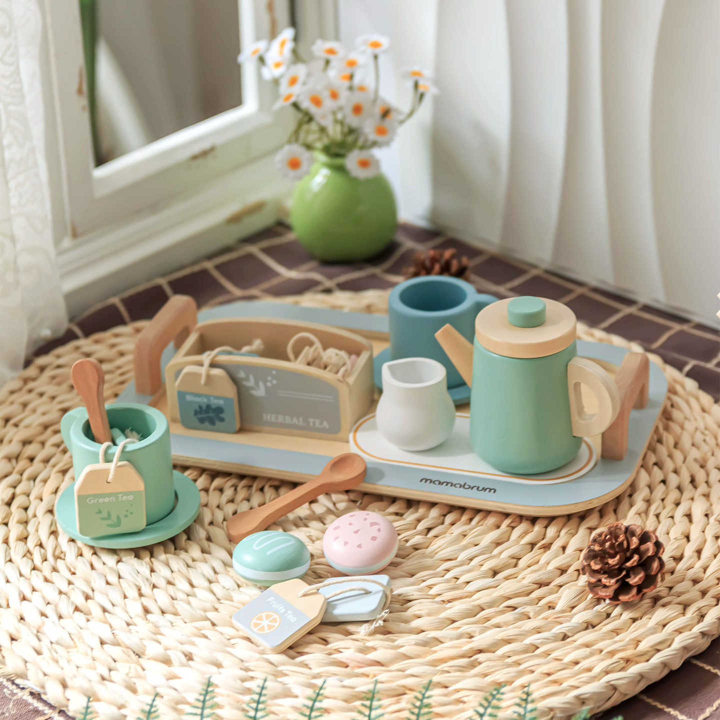 Juego de té grande de madera con bandeja - 18 unidades