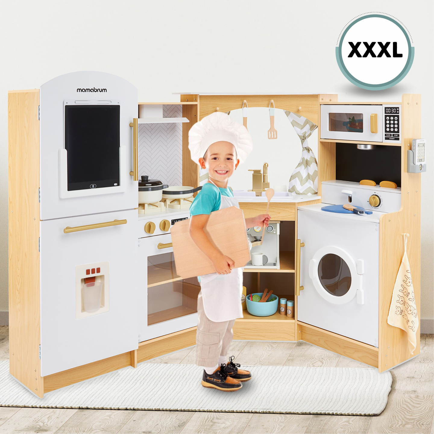 XXXXL gran cocina interactiva de madera con iluminación LED, lavadora microondas cafetera y juego de frutas y verduras - 50 elementos