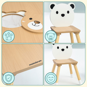 Mesa de madera con almacenaje y 2 sillas Conjunto infantil - Lindo Osito de Peluche