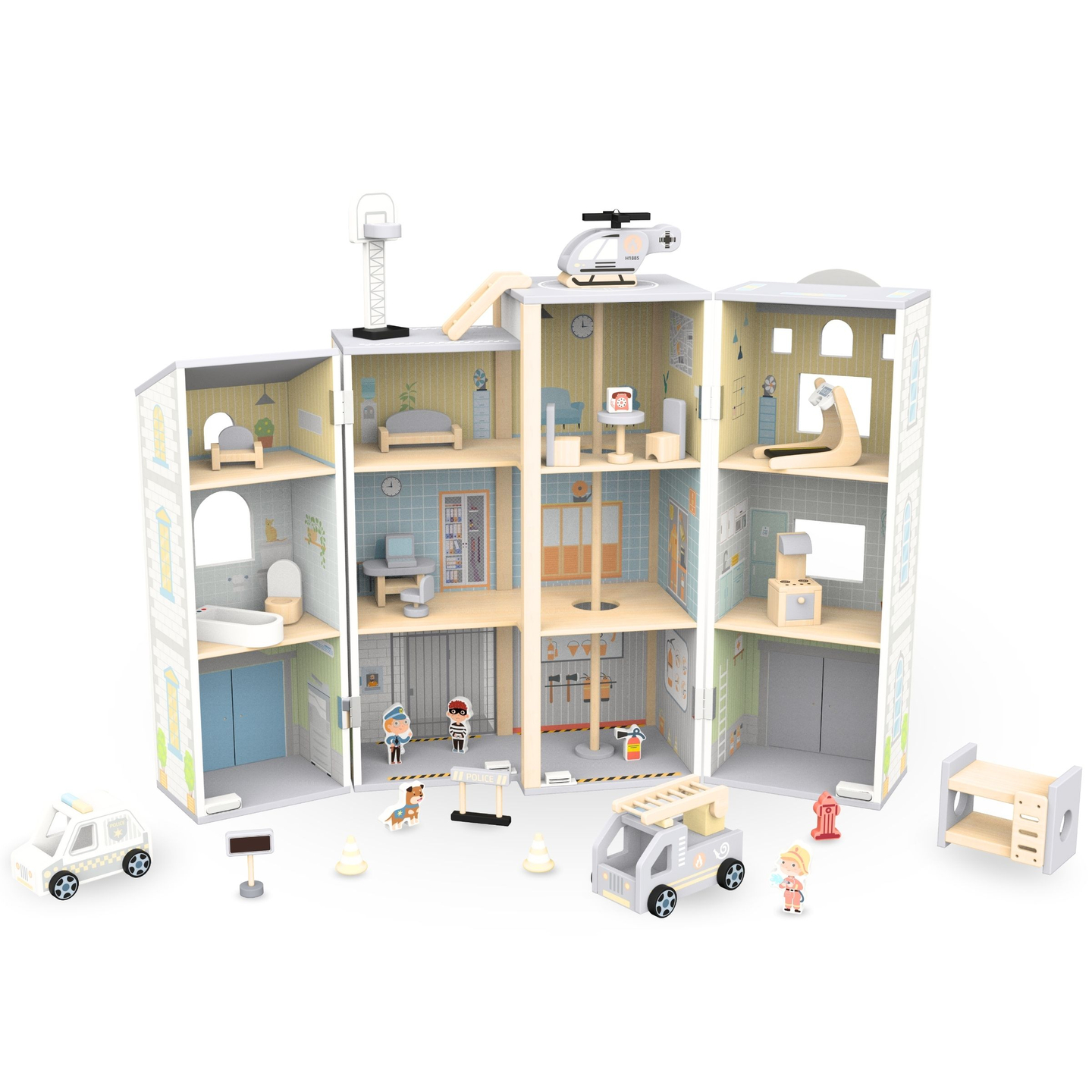 Gran parque de bomberos plegable con comisaría de policía - juego de madera. Bomberos y comisaría de policía con accesorios.