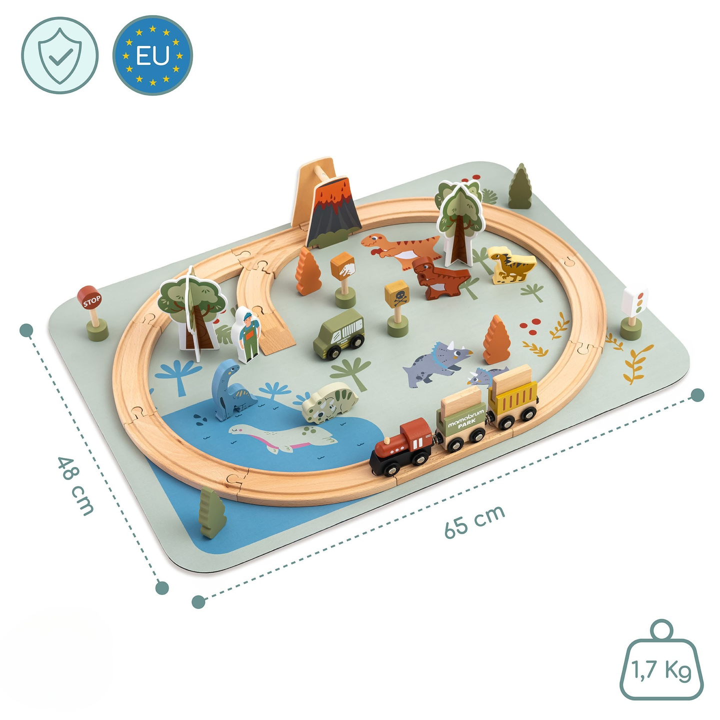 Tren de madera Dino Park con alfombra antideslizante - dinosaurios, tren, vías, volcán, campana