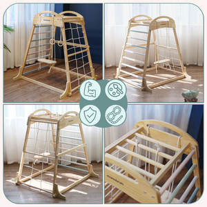 Parque infantil interior de madera con columpio, anillos de gimnasia y red de escalada.