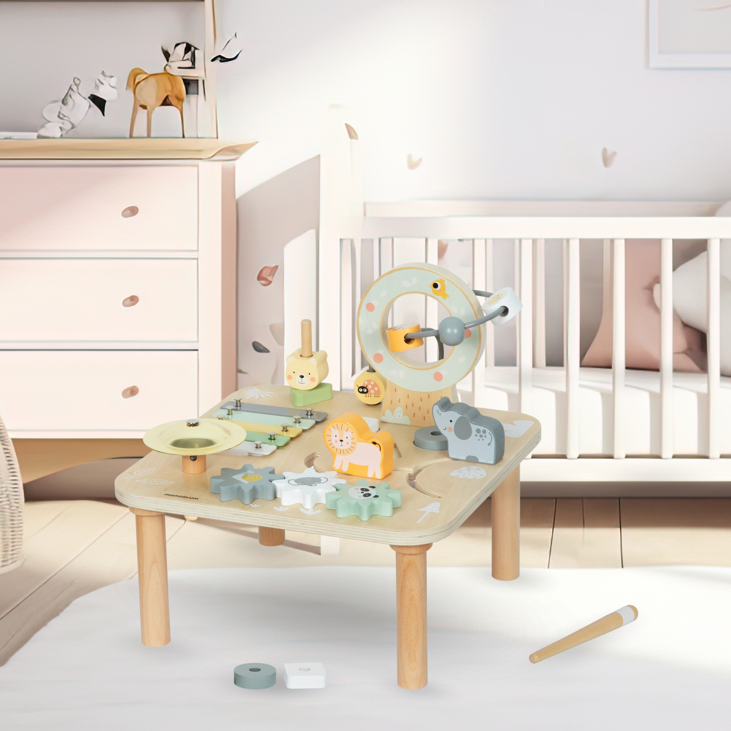 Mesa musical educativa de madera 7 en 1 con platillos y gong - selva salvaje