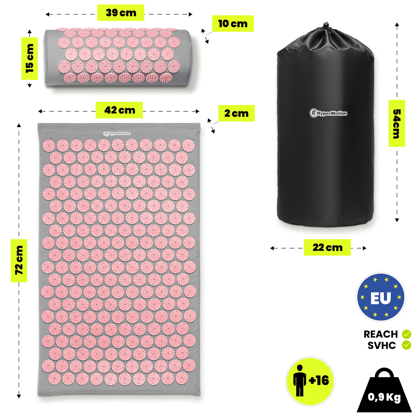 Esterilla de acupresión con almohada y funda - 72 cm HyperMotion gris y rosa