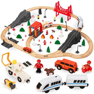 Tren de madera, tren a batería - Bomberos, vías, vagones, puentes, barrera