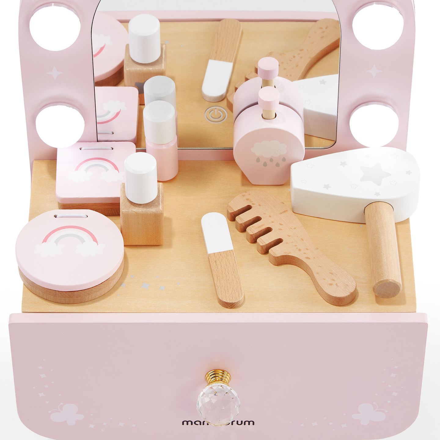 Mini tocador de madera para niños con accesorios e iluminación LED con ajuste suave de brillo.