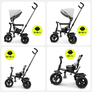 Triciclo para niños de 1 a 4 años - TOBI FREY - color gris - giratorio - ruedas hinchables + empujador