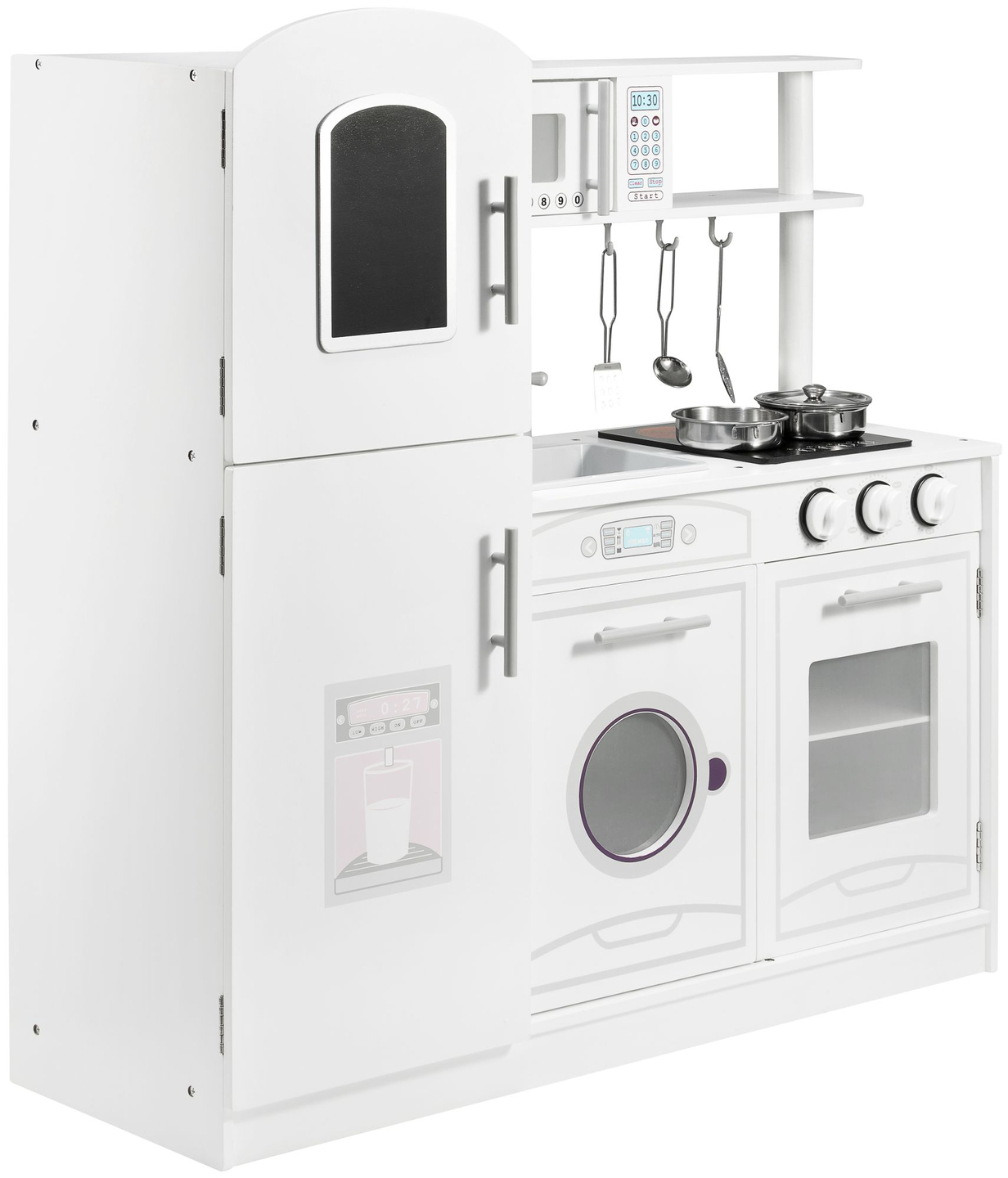 Grandes accesorios de cocina blancos de madera y delantal.