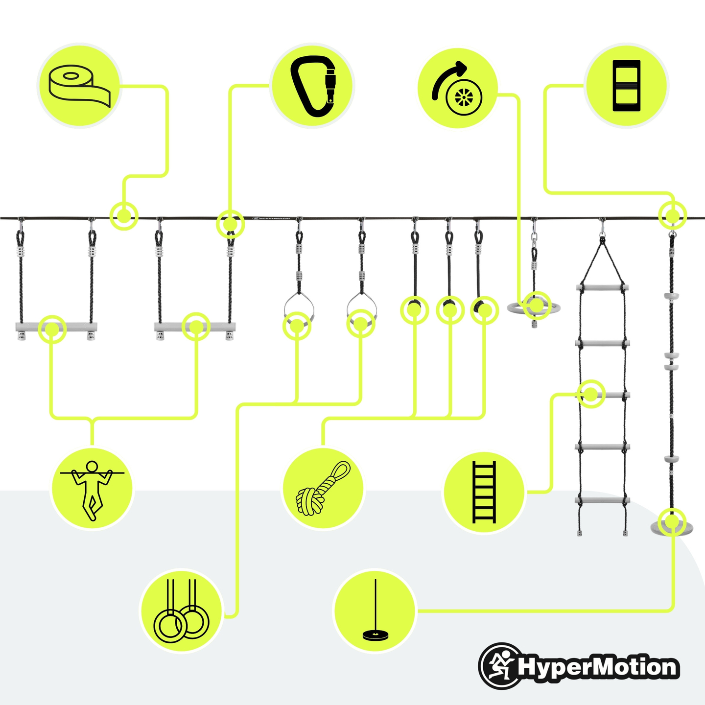 Carrera de obstáculos ninja para niños - HyperMotion slackline set - 10 obstáculos