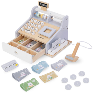 Caja registradora de madera con accesorios.