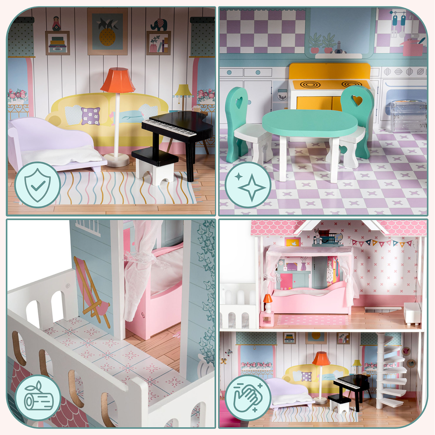 XXL La casa de muñecas de madera más grande - 123 cm - iluminada por LED - terraza, accesorios, jardín