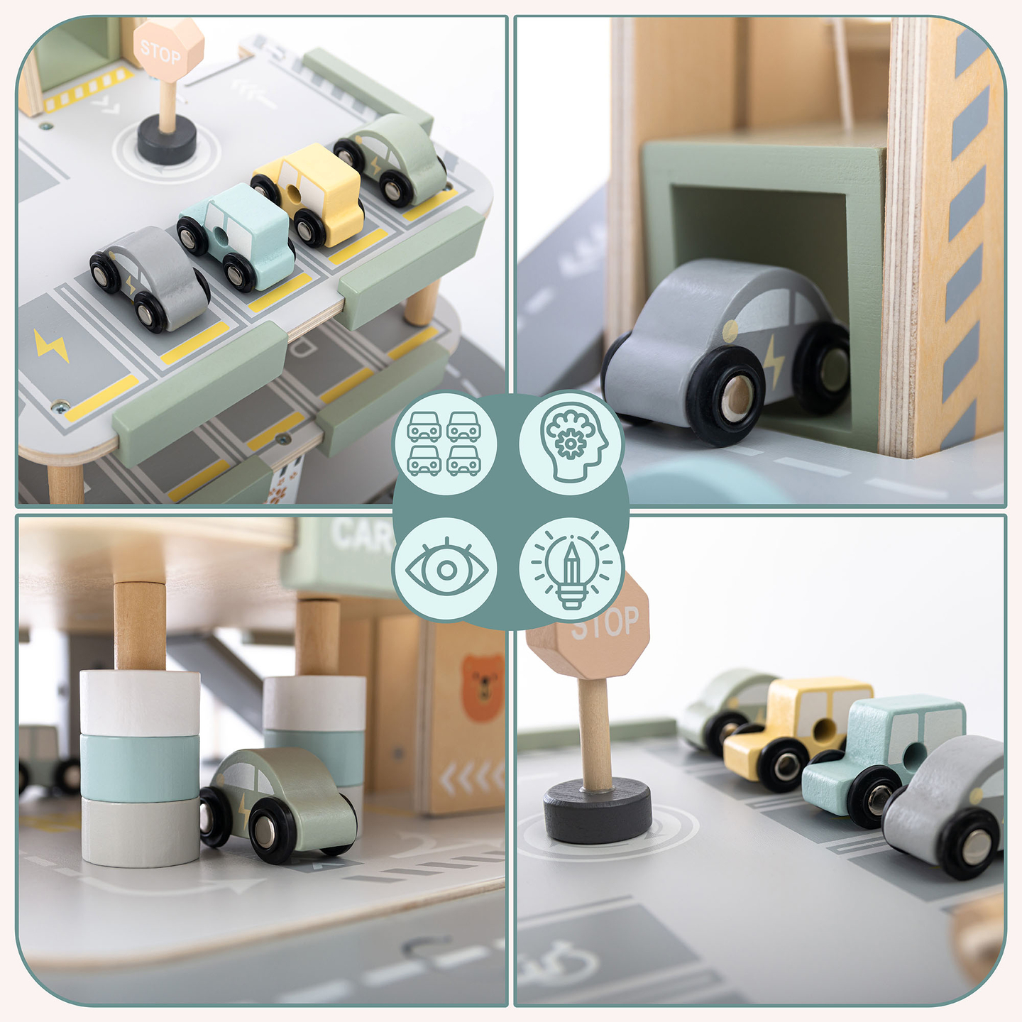 Garaje de madera de tres plantas para niños con accesorios: aparcamiento, gasolinera, lavadero de coches, helicóptero.