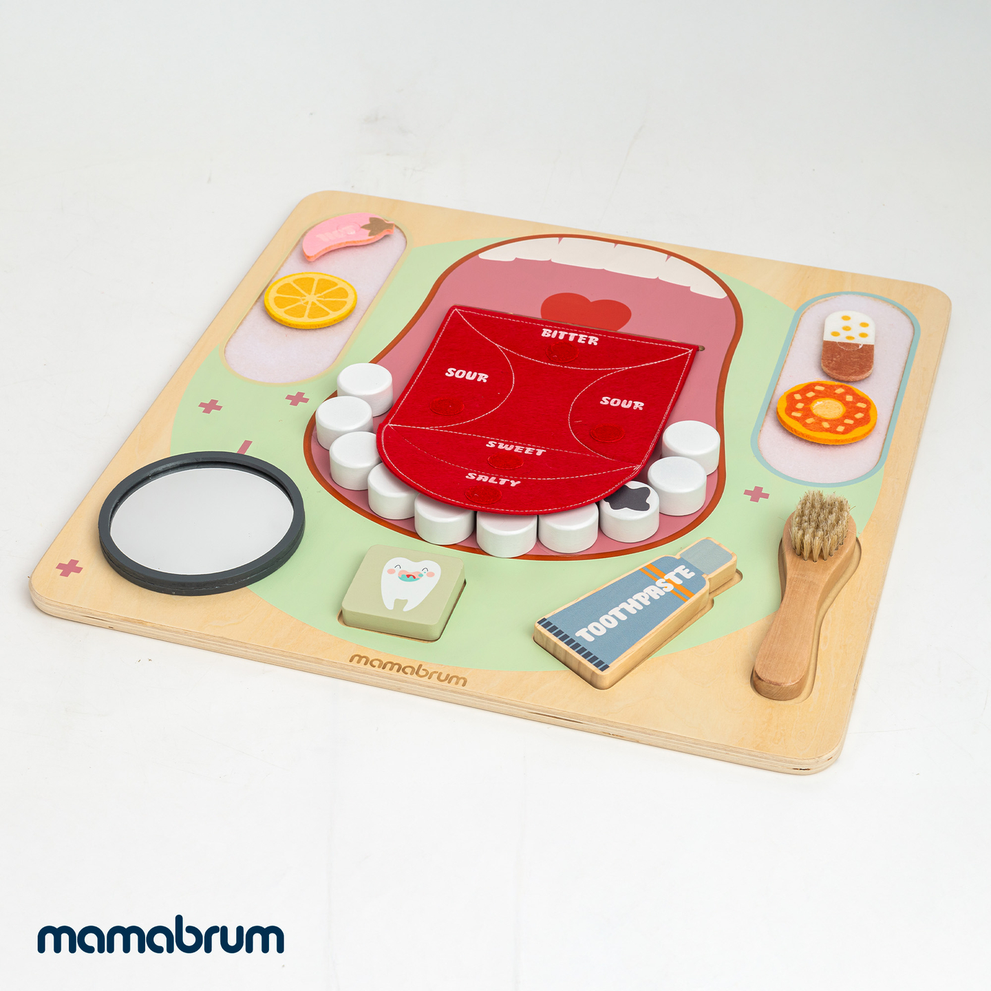 Tablero educativo Montessori de madera Pequeño Dentista: cepillo de dientes, pasta, dientes extraíbles, espejo, comida, sabores de aprendizaje