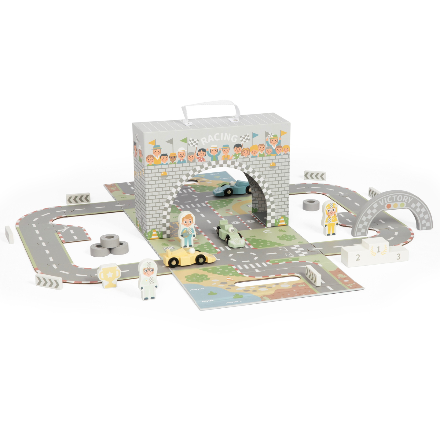 Maleta magnética con pista de carreras, vehículos de madera y accesorios de carretera
