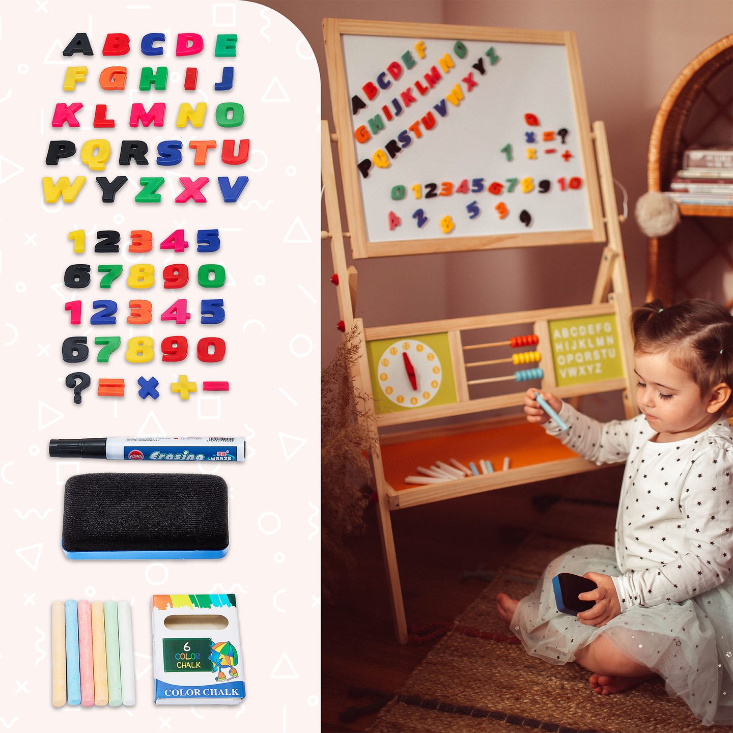 Gran pizarra educativa de dos caras: magnética y pizarra de tiza - pizarra de borrado en seco, madera