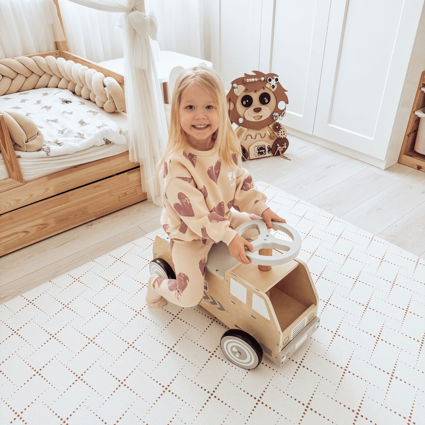 Correpasillos de madera, coche, coche de juguete con bloques