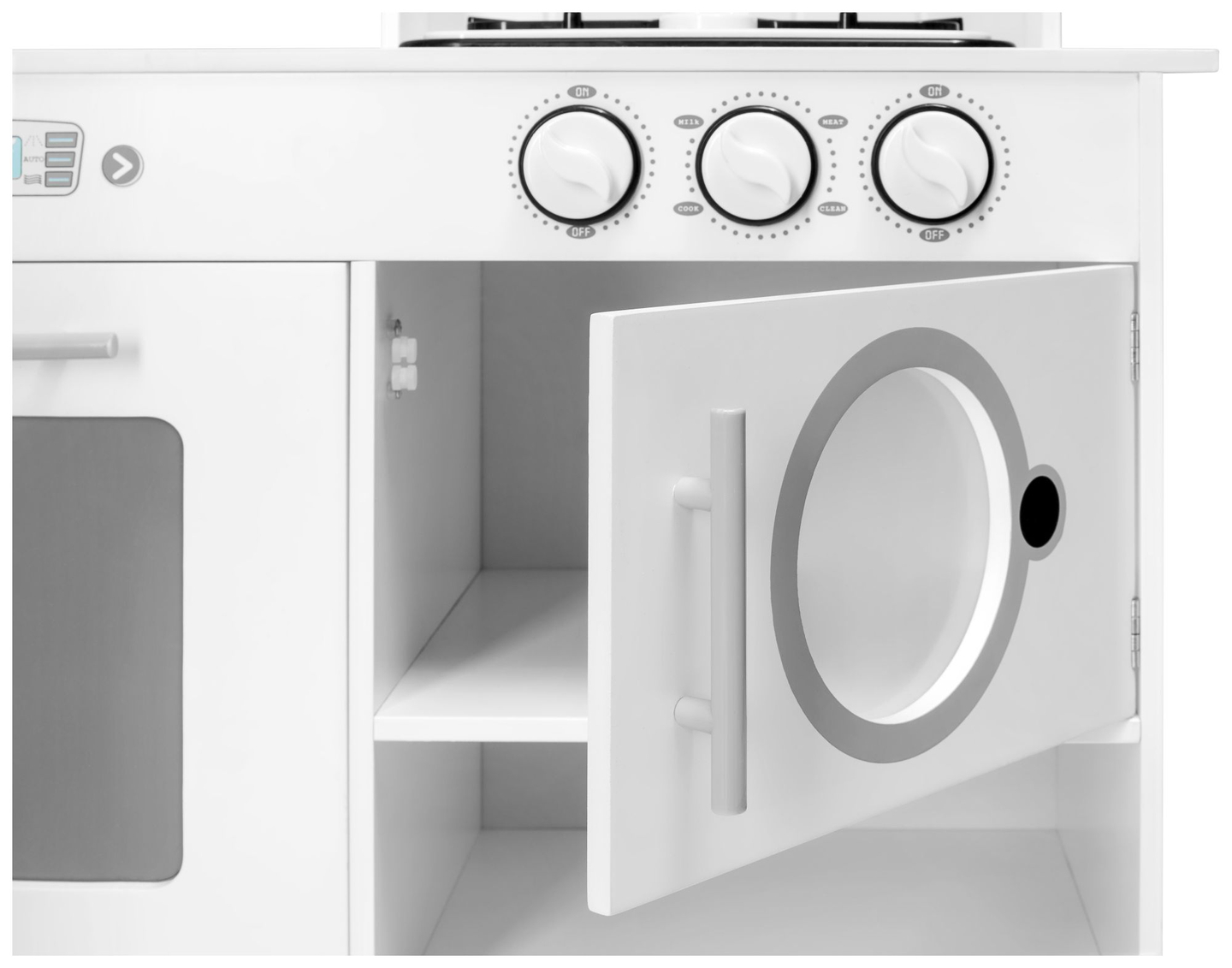 Cocina esquinera de madera XXXL con frigorífico, horno, lavadora, delantal y accesorios.