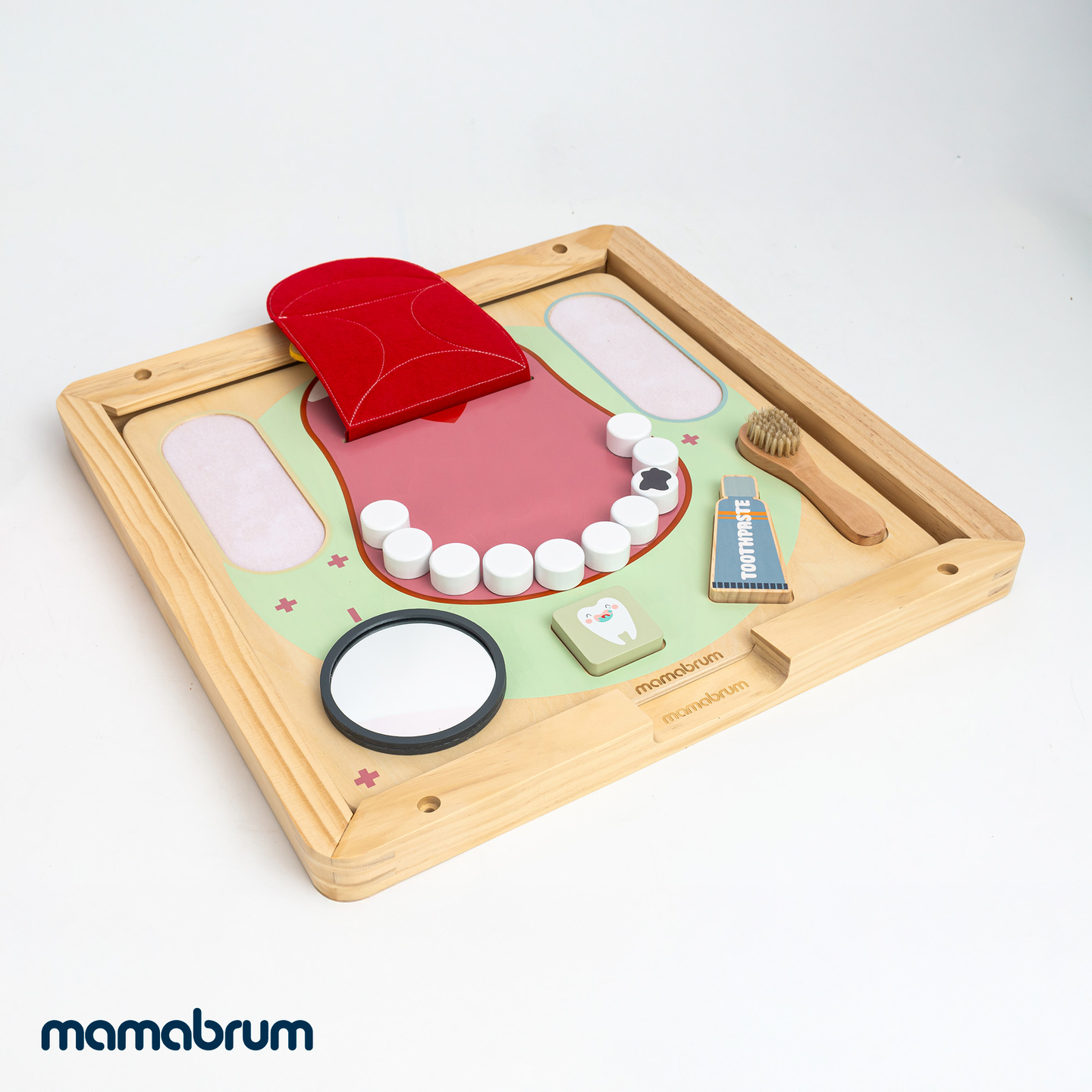 Tablero educativo Montessori de madera Pequeño Dentista: cepillo de dientes, pasta, dientes extraíbles, espejo, comida, sabores de aprendizaje