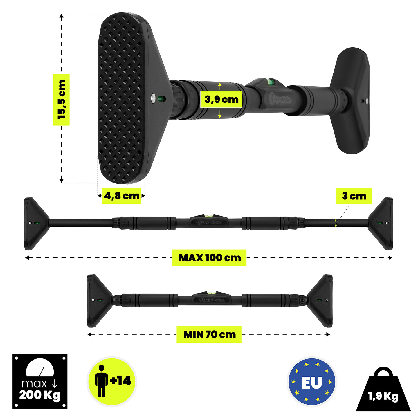 Barra de dominadas ajustable HyperMotion 70-100 cm, 200 kg, negra