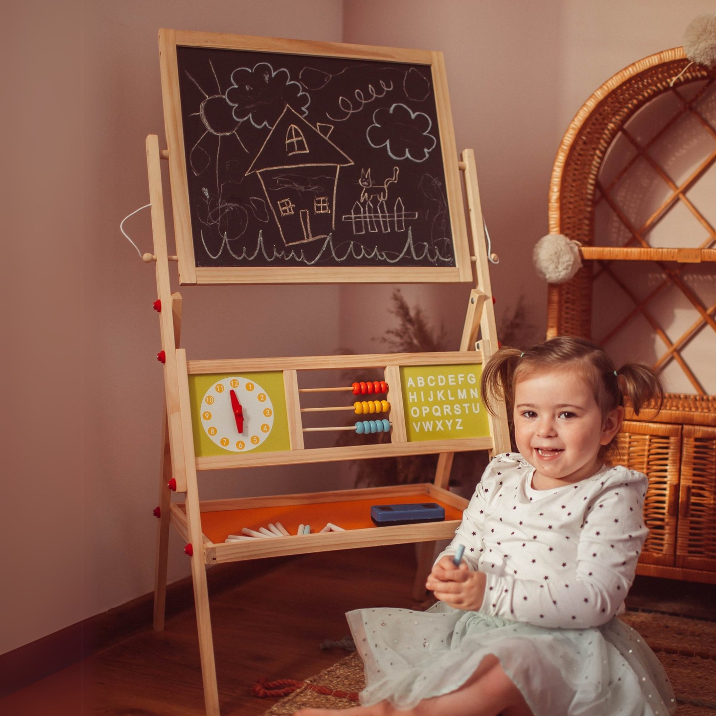 Gran pizarra educativa de dos caras: magnética y pizarra de tiza - pizarra de borrado en seco, madera