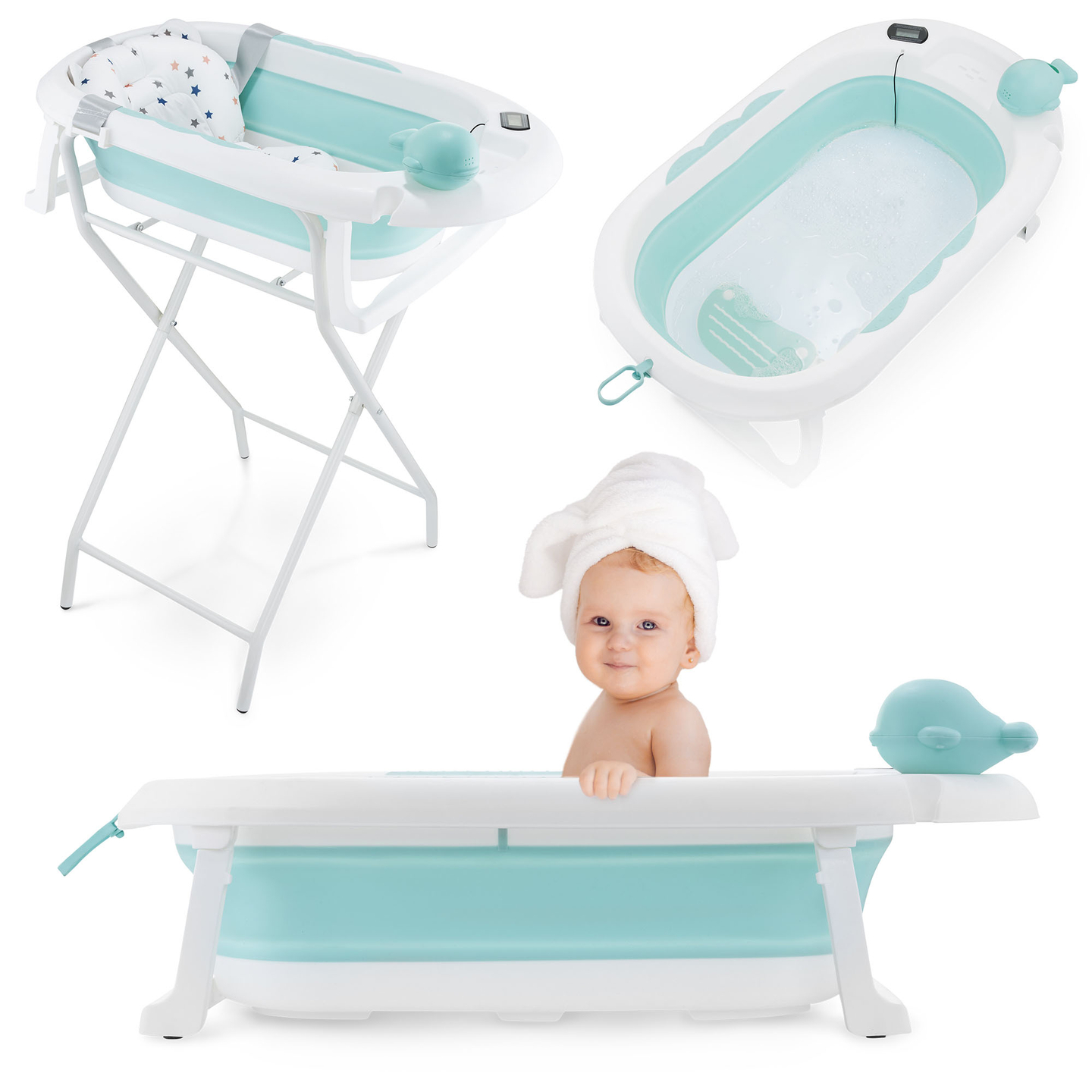 Bañera plegable para bebé con termómetro, inserto y soporte - color menta