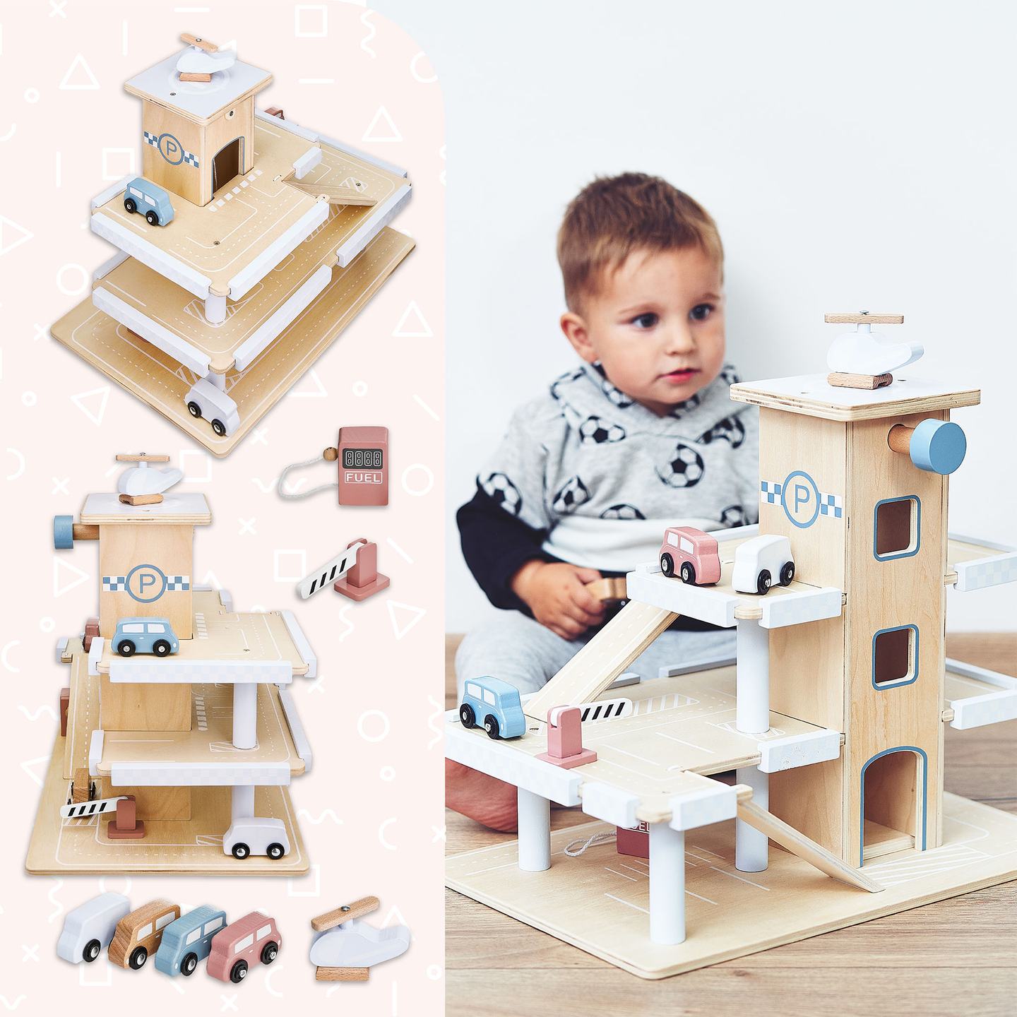 Estacionamiento de madera de tres niveles con ascensor - garaje para autos y helicóptero