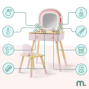 Tocador de madera para niños con iluminación LED con ajuste suave de brillo, silla y accesorios.