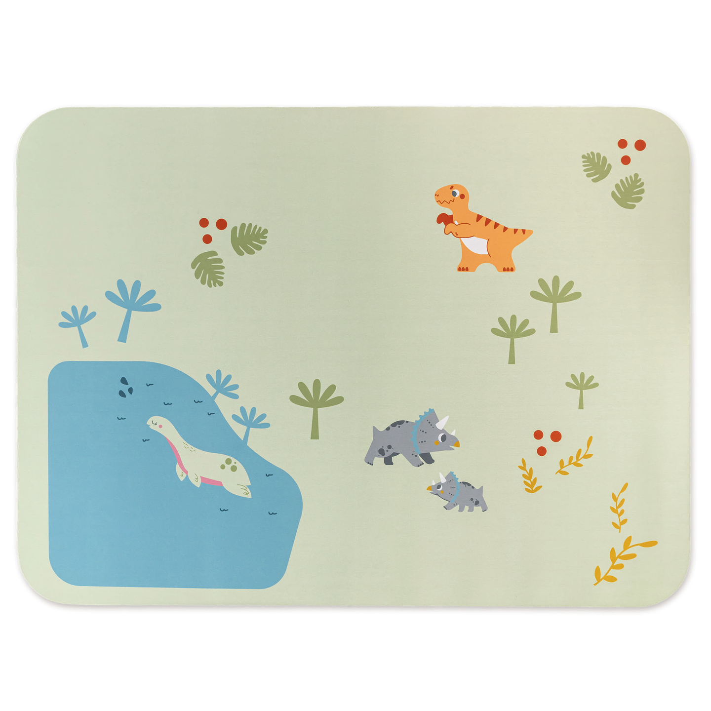 Tren de madera Dino Park con alfombra antideslizante - dinosaurios, tren, vías, volcán, campana