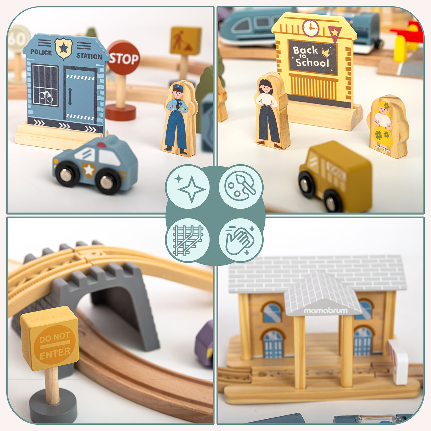 Ferrocarril urbano de madera con tren eléctrico: grúa móvil, barco, puentes