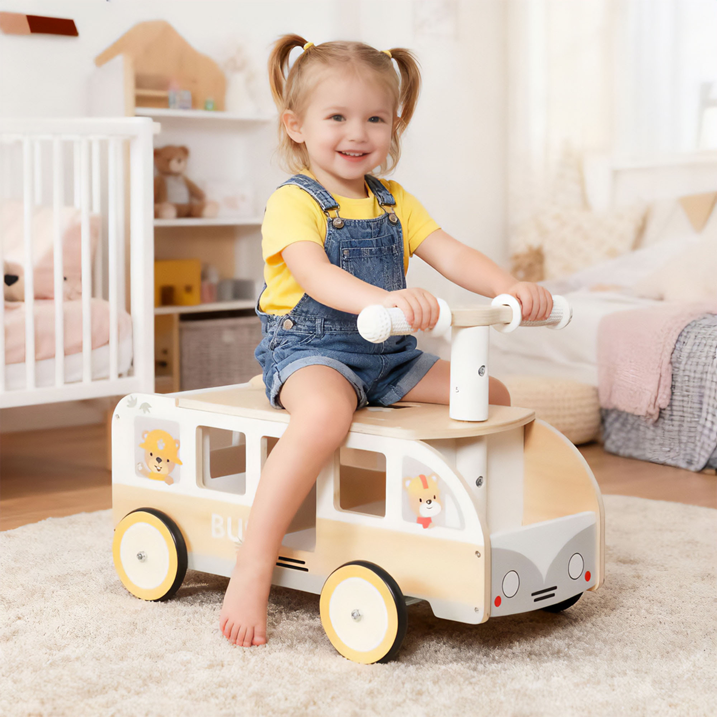 Autobús de madera para niños - Autobús con compartimentos de almacenamiento y espacio para peluches
