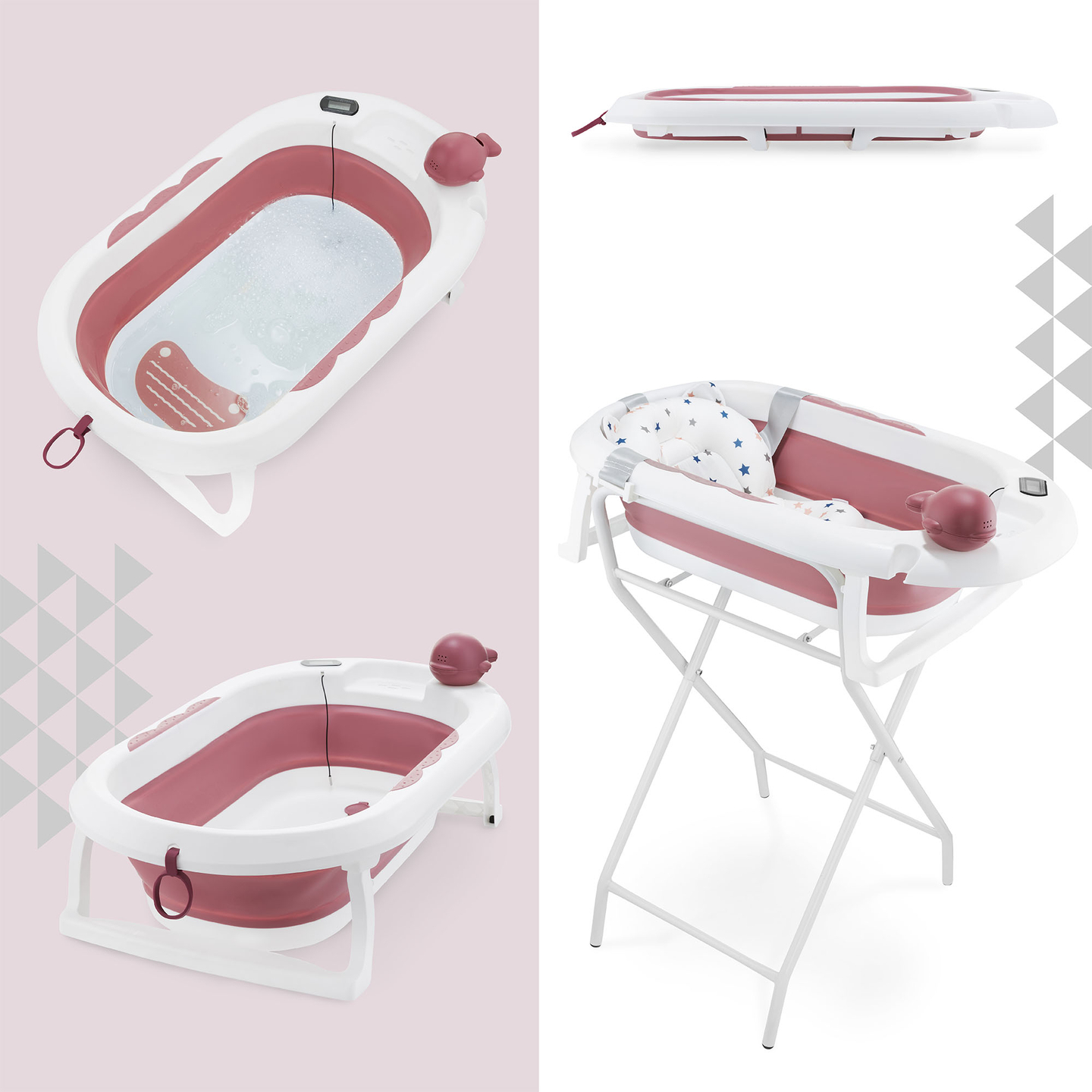 Bañera plegable para bebés con termómetro, inserto y soporte - color rosa sucio