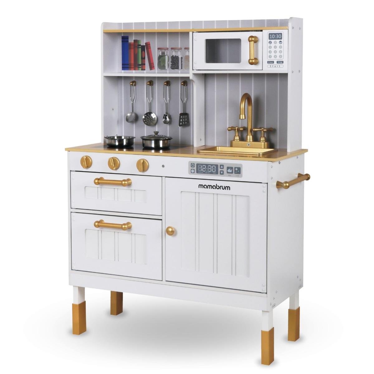 Cocina blanca de madera con accesorios y delantal