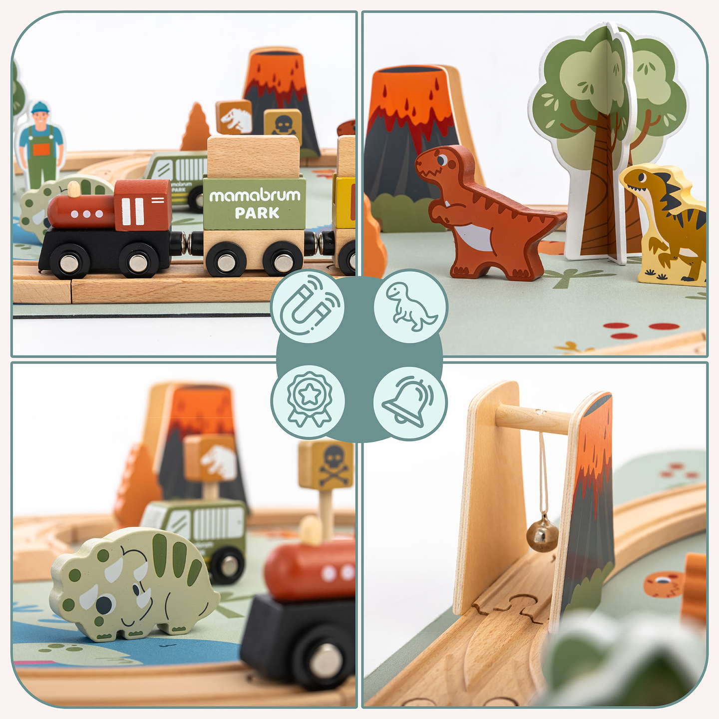 Tren de madera Dino Park con alfombra antideslizante - dinosaurios, tren, vías, volcán, campana