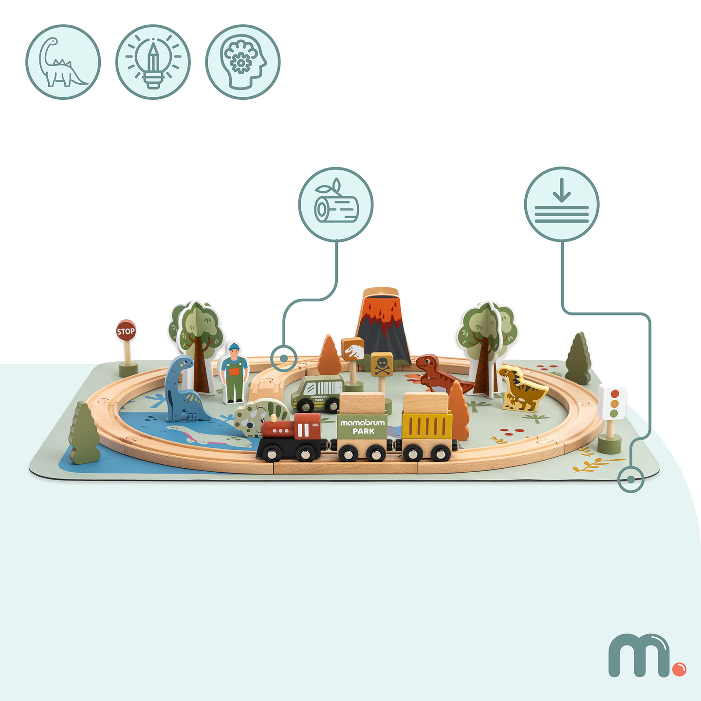 Tren de madera Dino Park con alfombra antideslizante - dinosaurios, tren, vías, volcán, campana