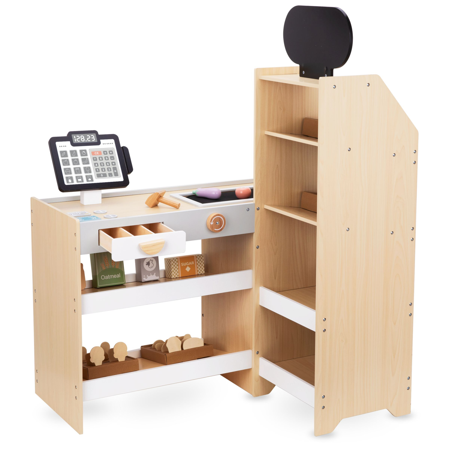 Tienda de comestibles de madera: un gran puesto XXL, una tienda con una caja registradora de juguete