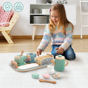 Juego de té grande de madera con bandeja - 18 unidades