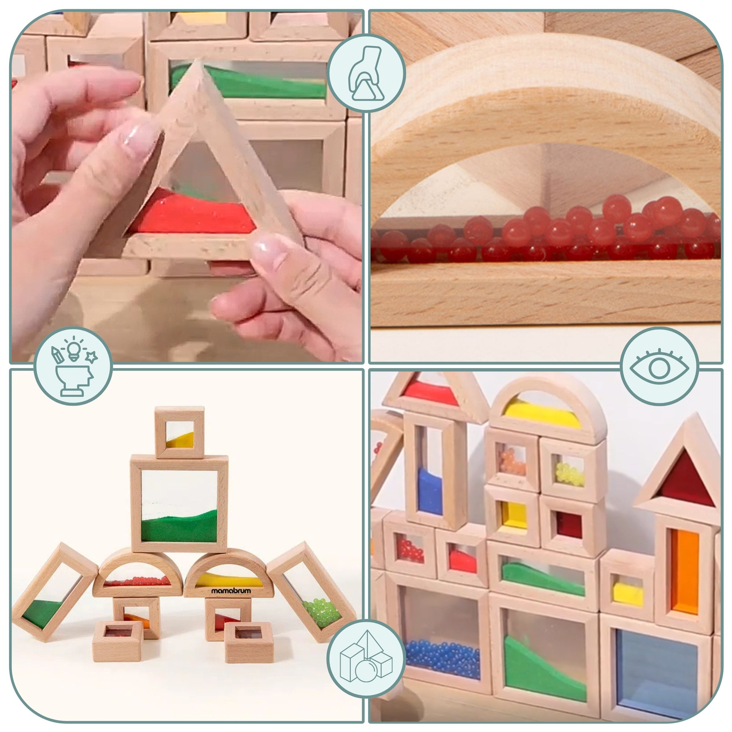 Juego de bloques sensoriales de madera con diferentes rellenos - 15 piezas