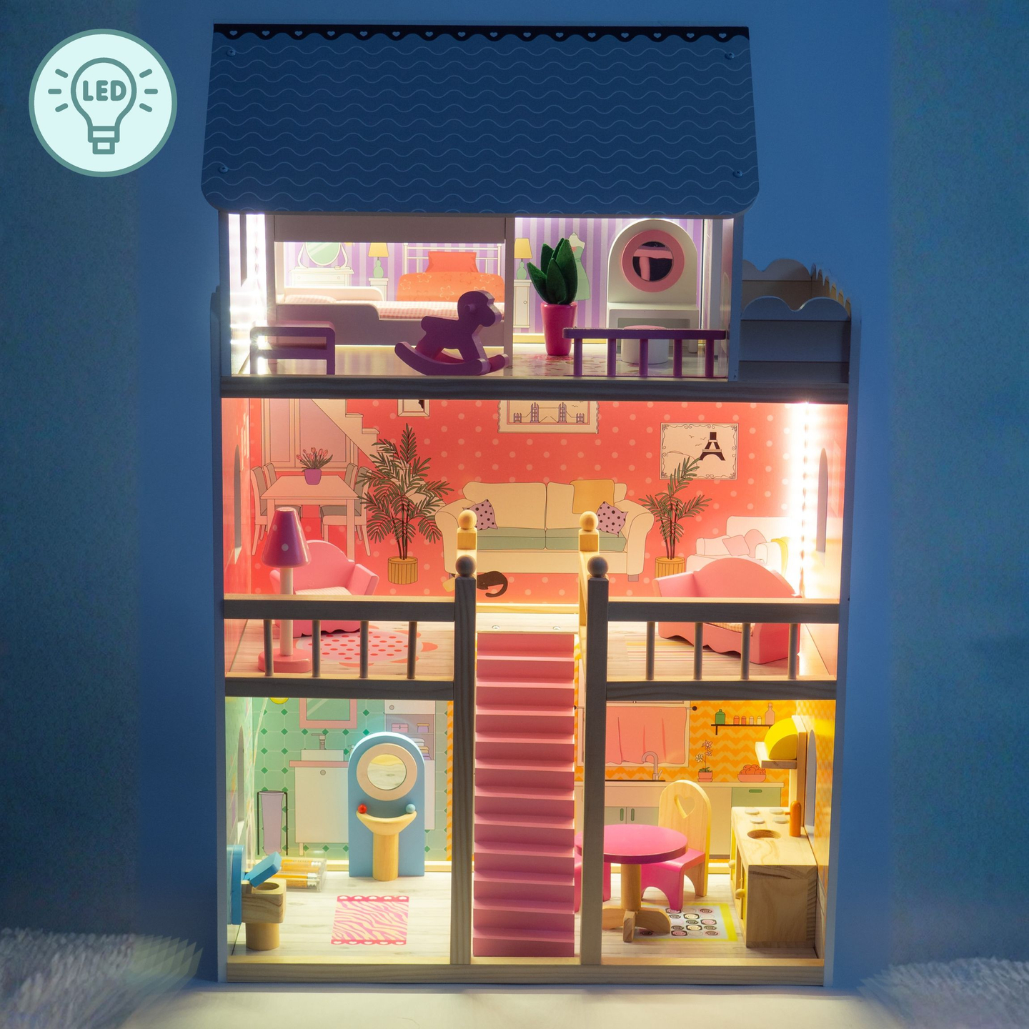 ¡Gran casa de muñecas de madera de 3 pisos con terraza, juego de muebles e iluminación LED!