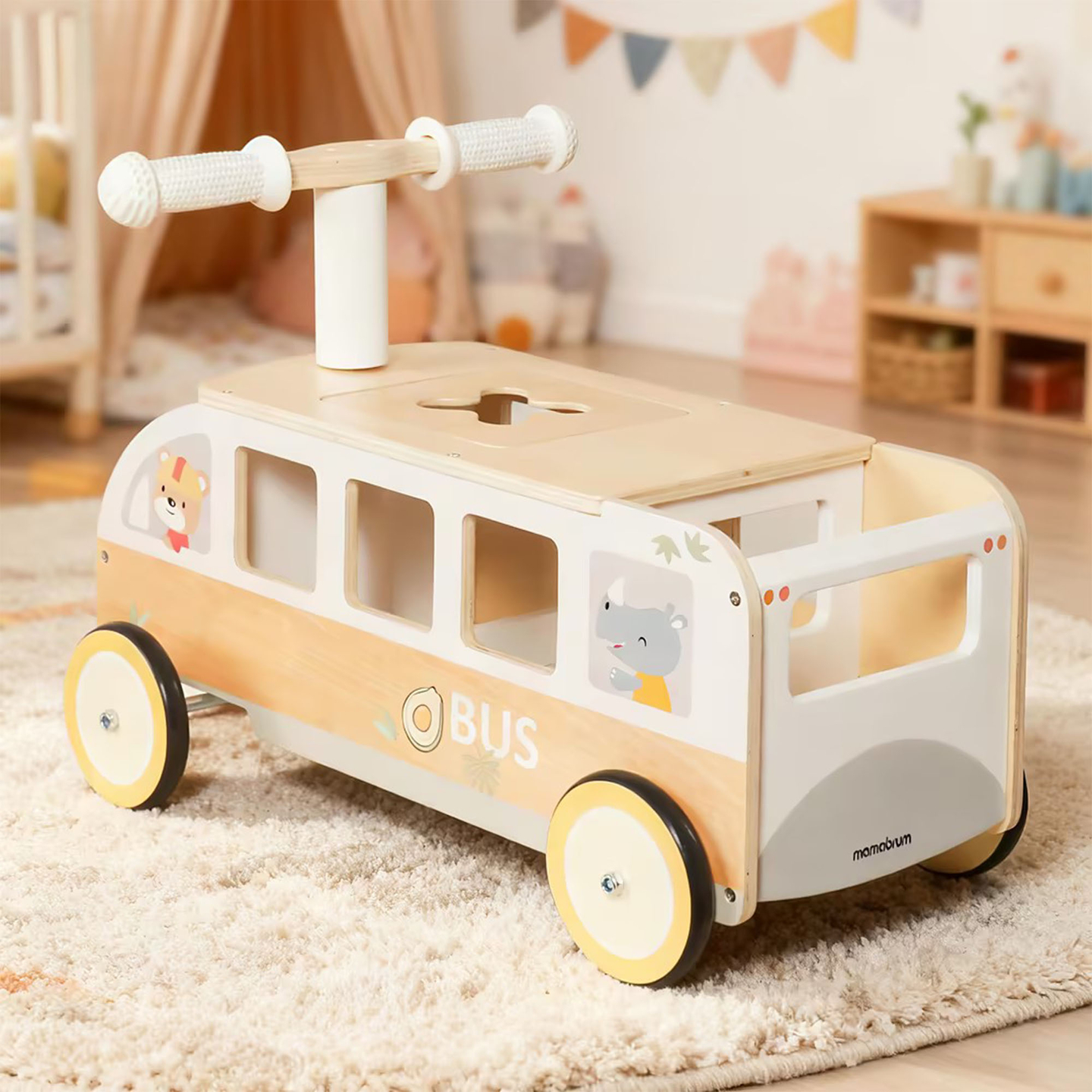 Autobús de madera para niños - Autobús con compartimentos de almacenamiento y espacio para peluches