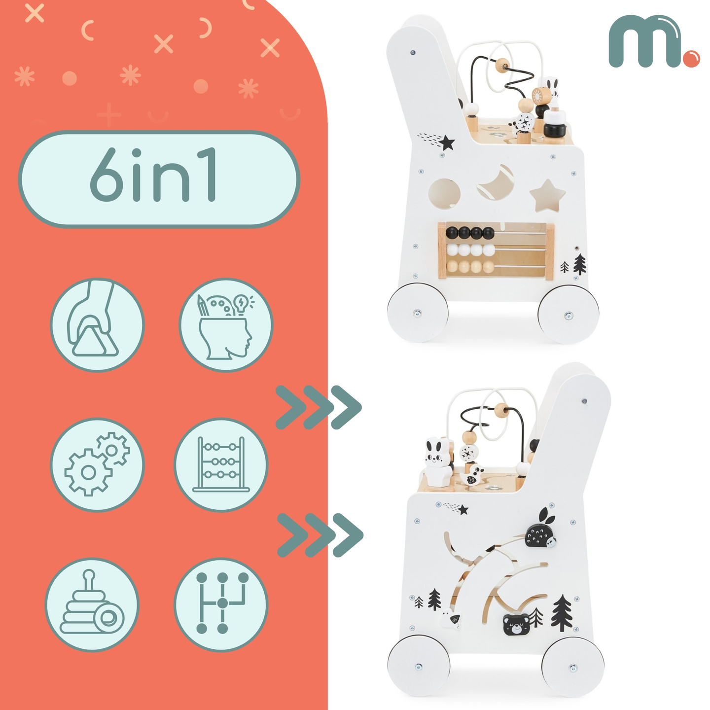 Cochecito de madera 6en1, andador con función de mesa de aprendizaje