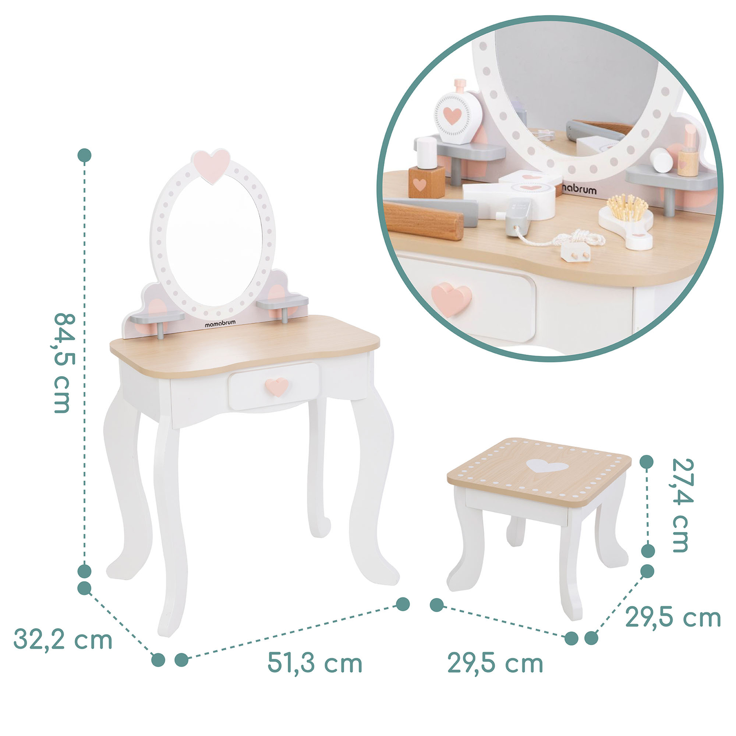 Tocador de madera con taburete y accesorios.