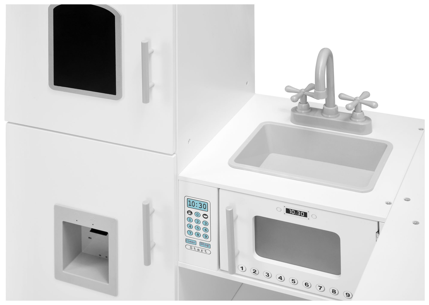 Cocina esquinera de madera XXXL con frigorífico, horno, lavadora, delantal y accesorios.