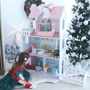 XXL La casa de muñecas de madera más grande - 123 cm - iluminada por LED - terraza, accesorios, jardín