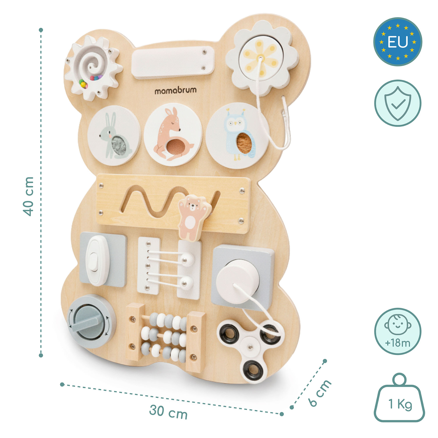 Tablero manipulativo de madera Montessori con forma de osito de peluche: aprendizaje sensorial de la independencia: velcro, enchufe, laberinto, botón de clic
