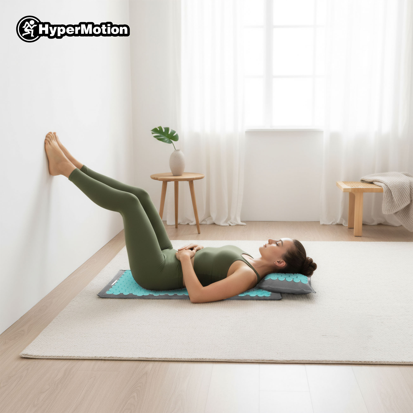 Esterilla de acupresión de lino ecológico con fibra de coco y cojín de trigo sarraceno – 68 cm HyperMotion gris-menta