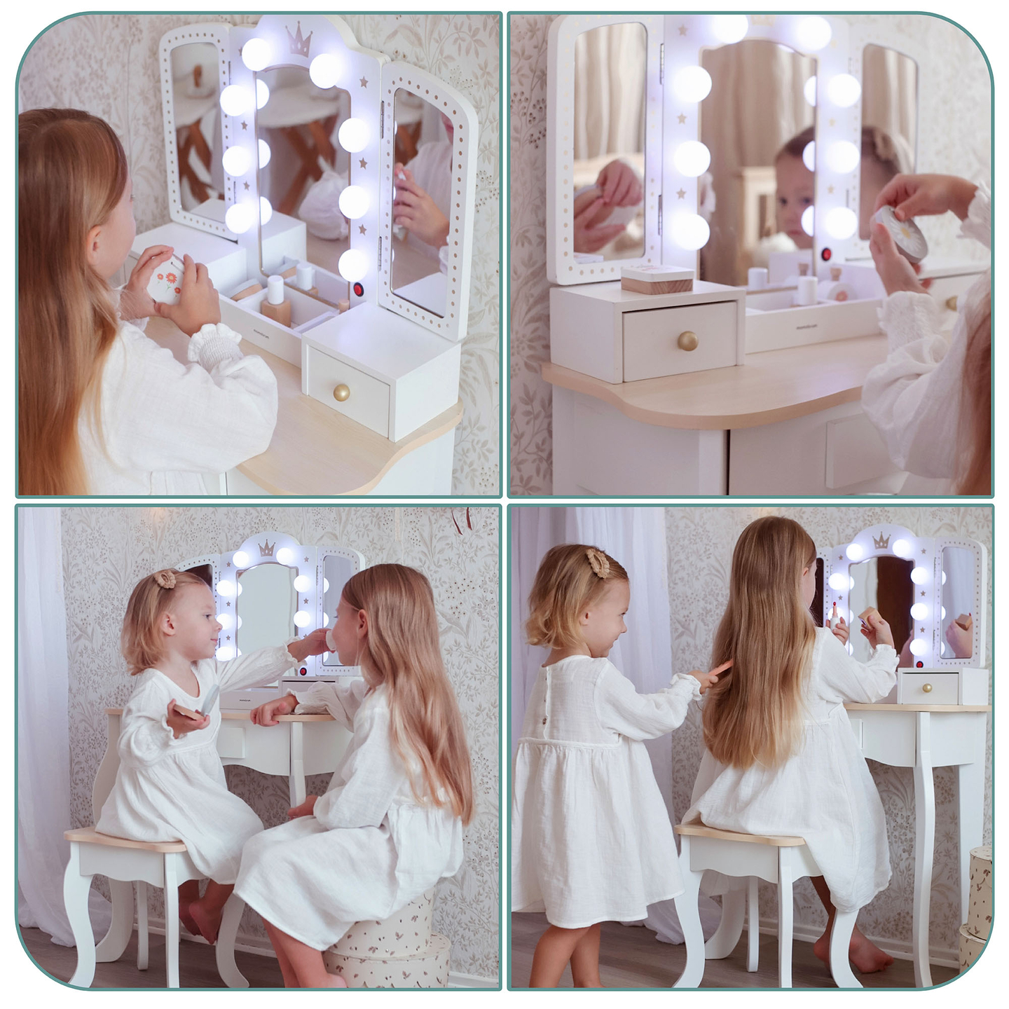 Tocador de madera XXL con taburete e iluminación LED para niños + accesorios