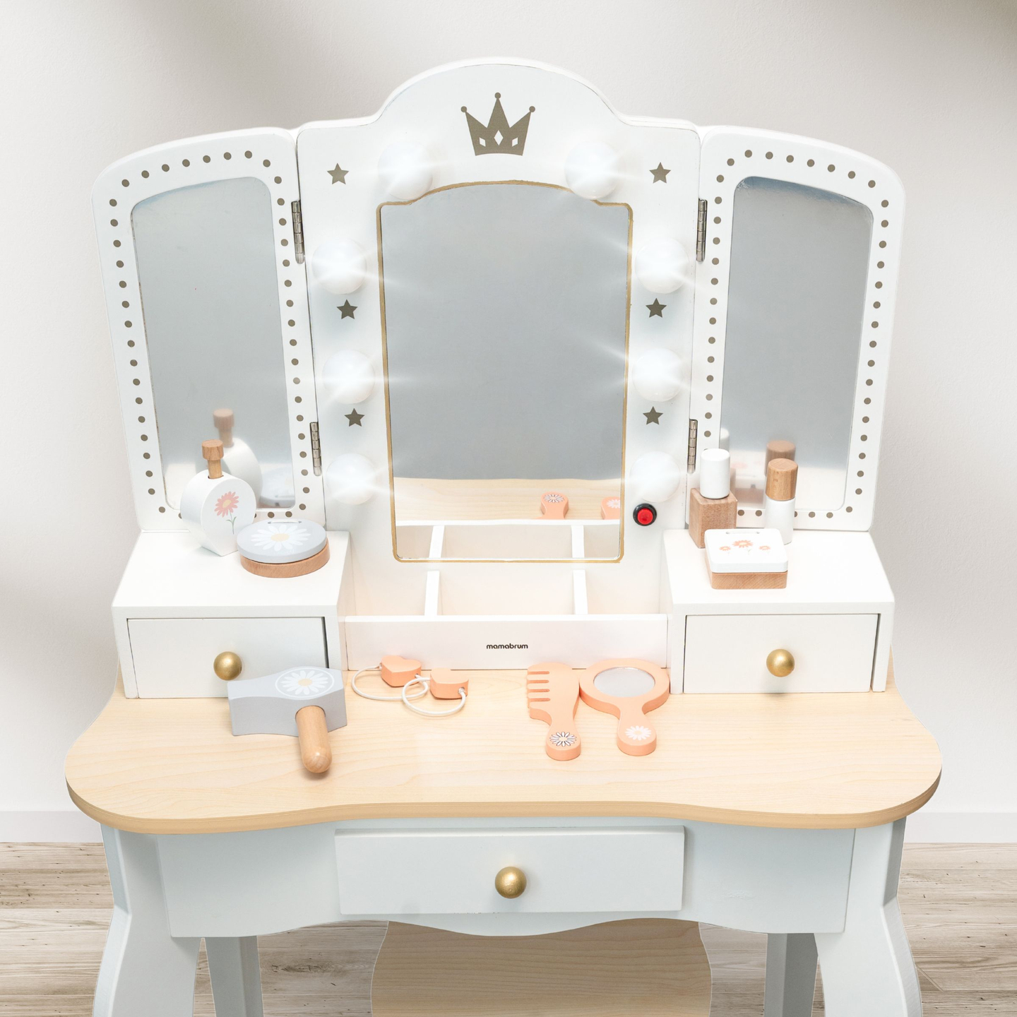 Tocador de madera XXL con taburete e iluminación LED para niños + accesorios