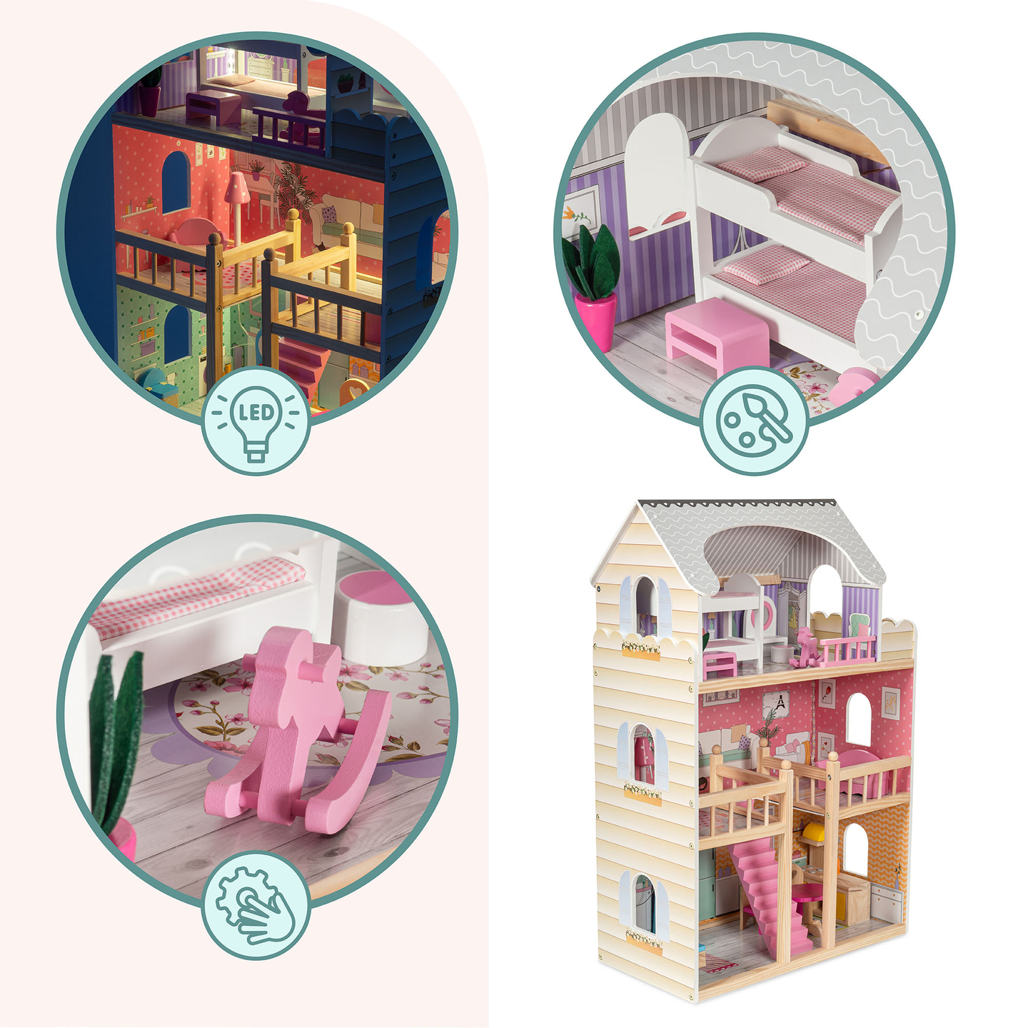 ¡Gran casa de muñecas de madera de 3 pisos con terraza, juego de muebles e iluminación LED!