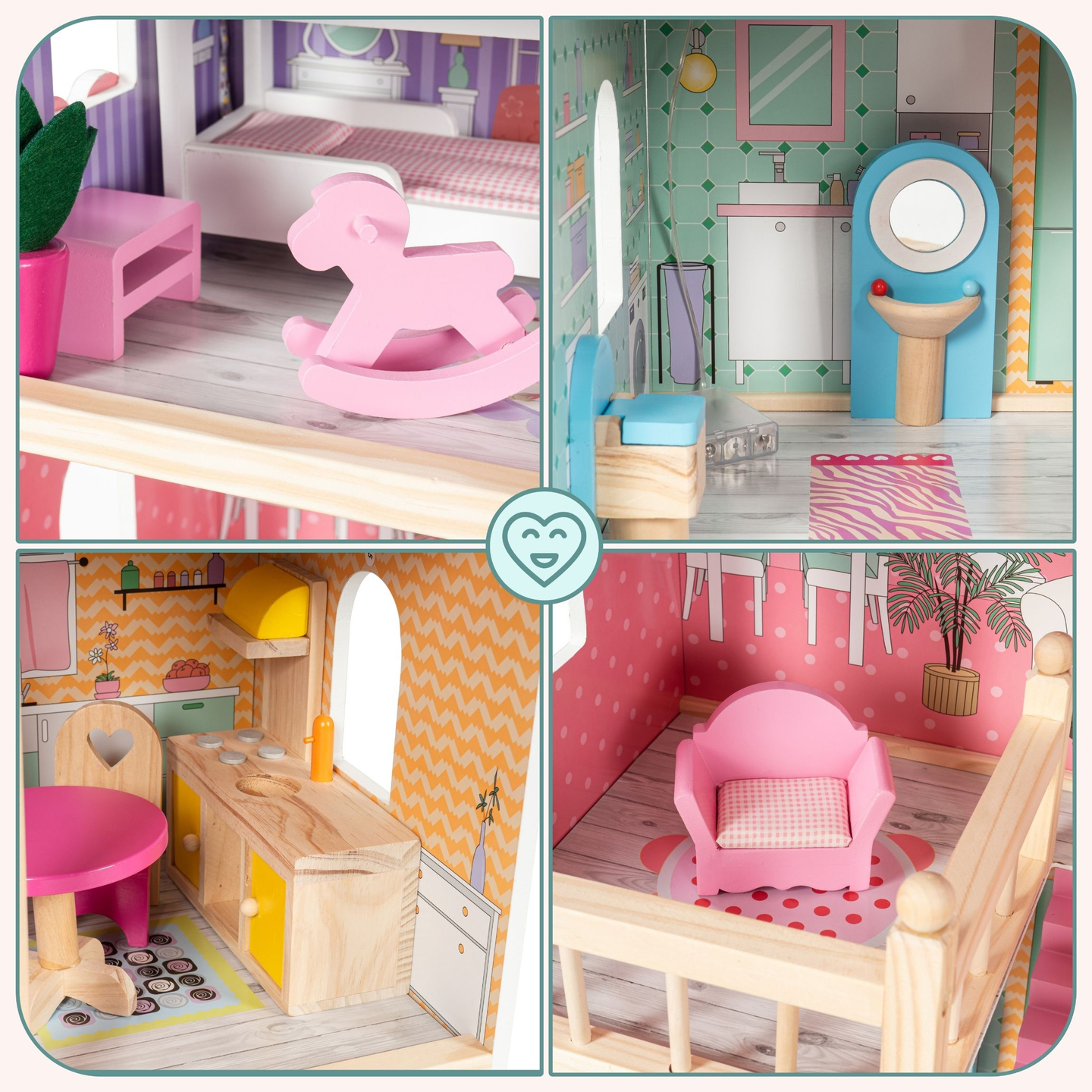 ¡Gran casa de muñecas de madera de 3 pisos con terraza, juego de muebles e iluminación LED!